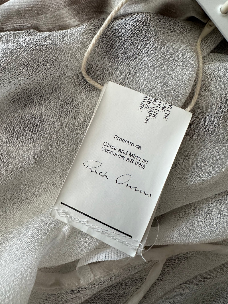 Detail of taupe and cream polka dot silk fabric on Rick Owens midi dress
