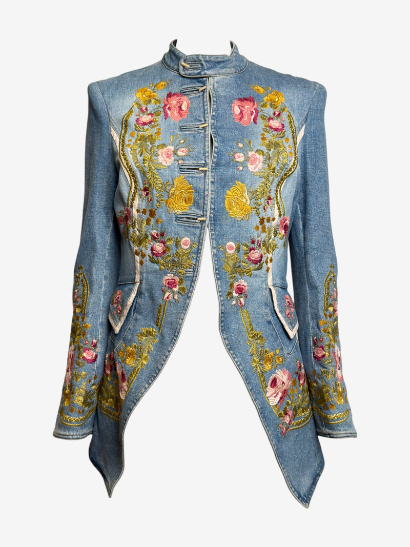 Light blue denim military jacket by Roberto Cavalli, embroidered with pink roses and golden chrysanthemums