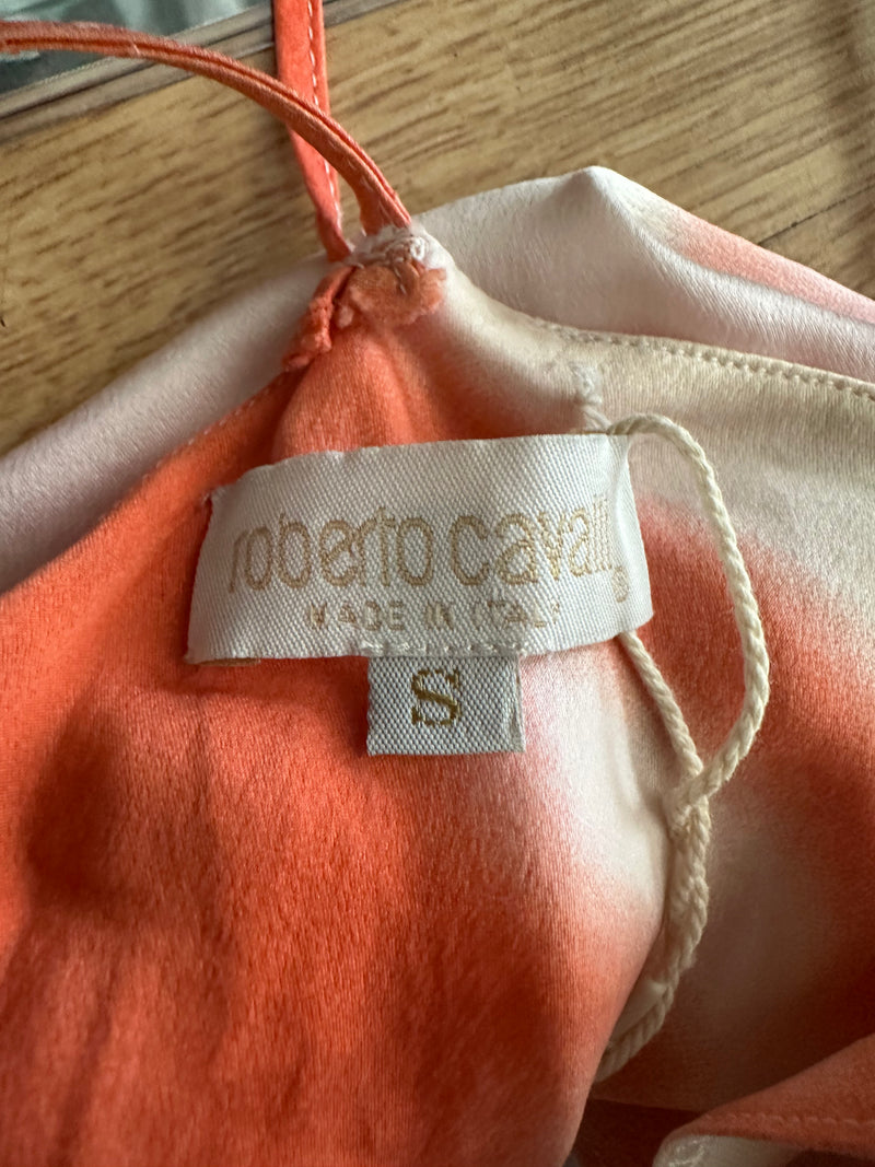 Coral and white psychedelic print silk slip dress by Roberto Cavalli, flat lay