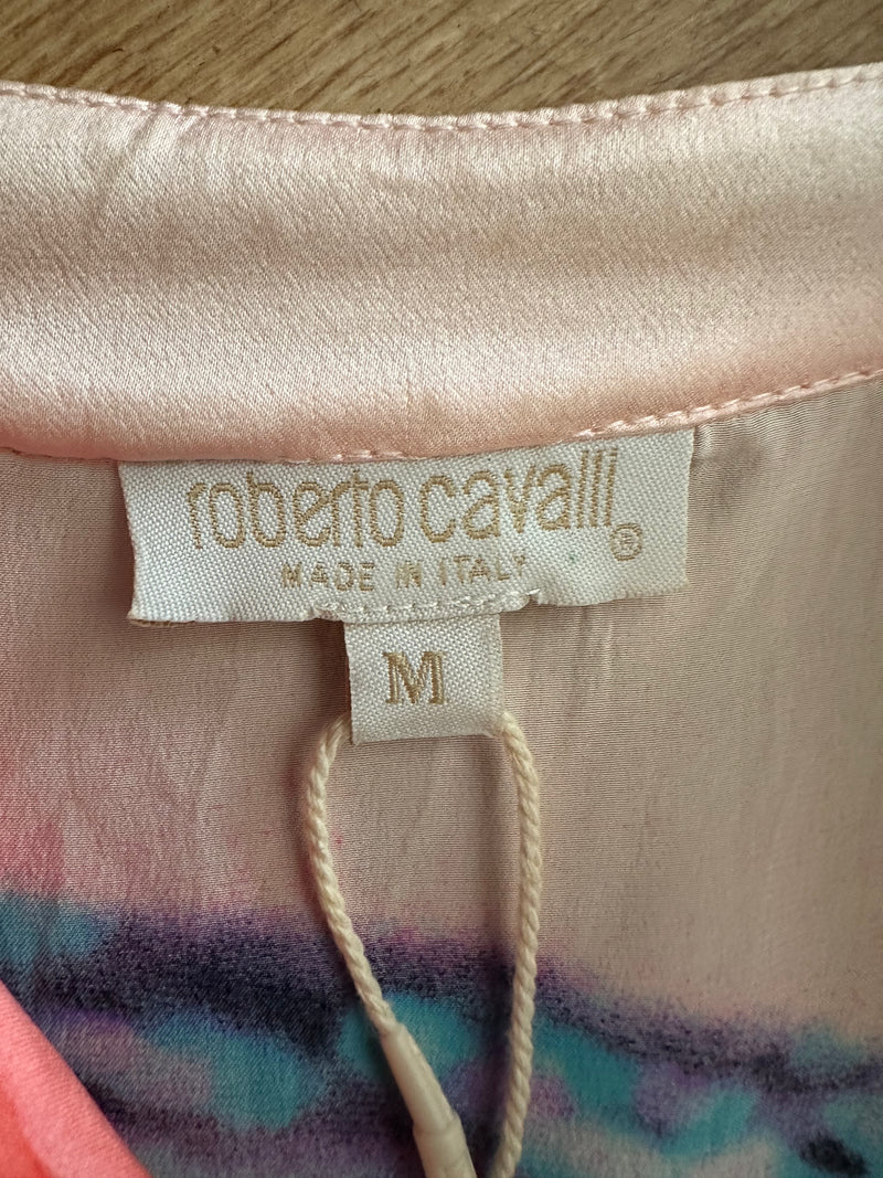 Cream and coral Roberto Cavalli blouse, semi-sheer silk with surreal eye print and concealed button placket
