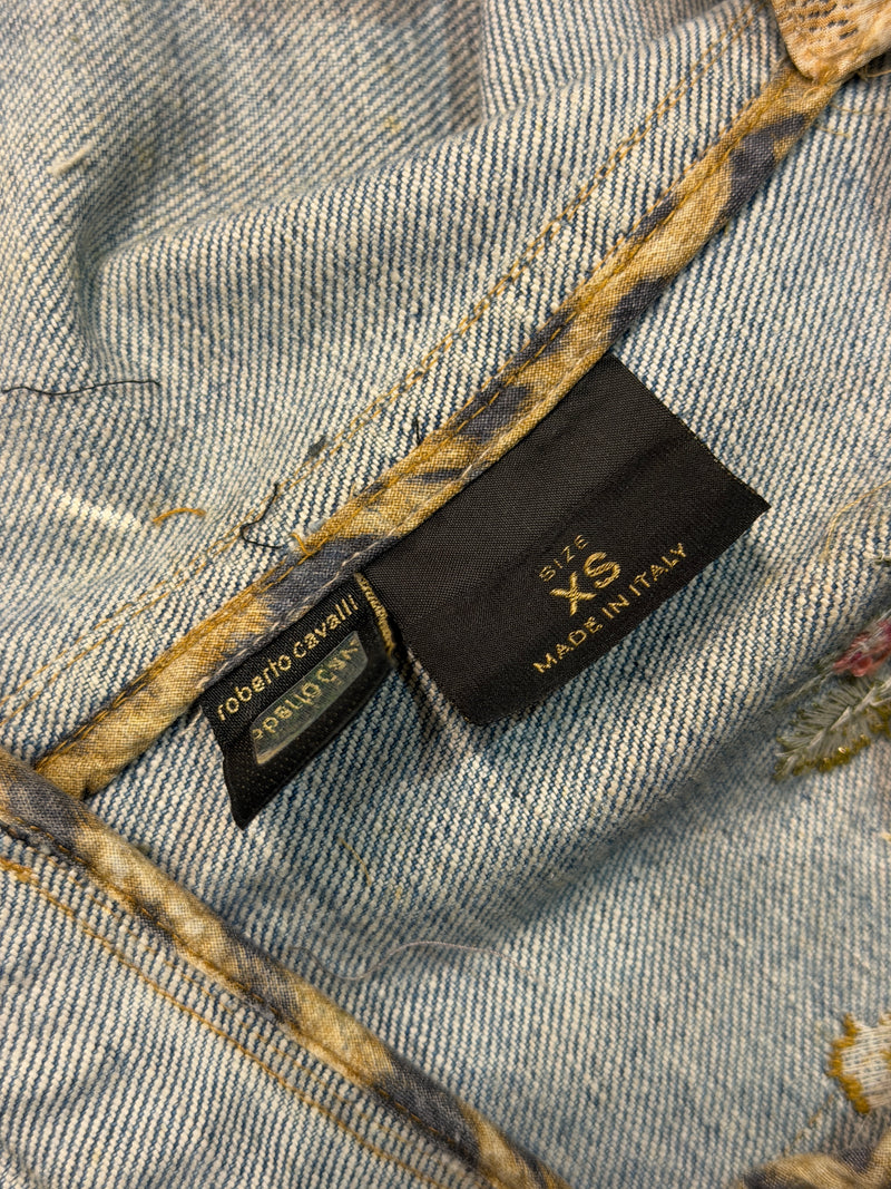 Caramel and black animal print lining detail of Roberto Cavalli embroidered denim jacket