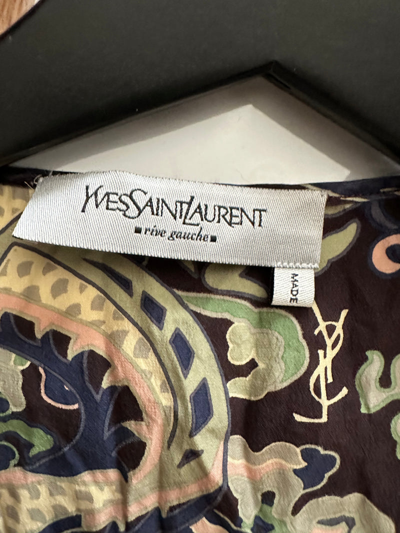 Laid flat view of YSL F/W 2004 silk blouse, full pattern display with traditional Asian design elements