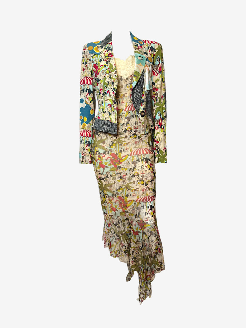 Multicolor silk blazer by John Galliano, cafe society print with polka dots and herringbone panels