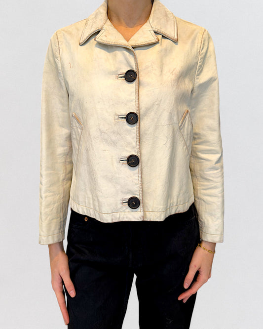 Prada Fall 2013 Cropped Distressed White Leather Jacket