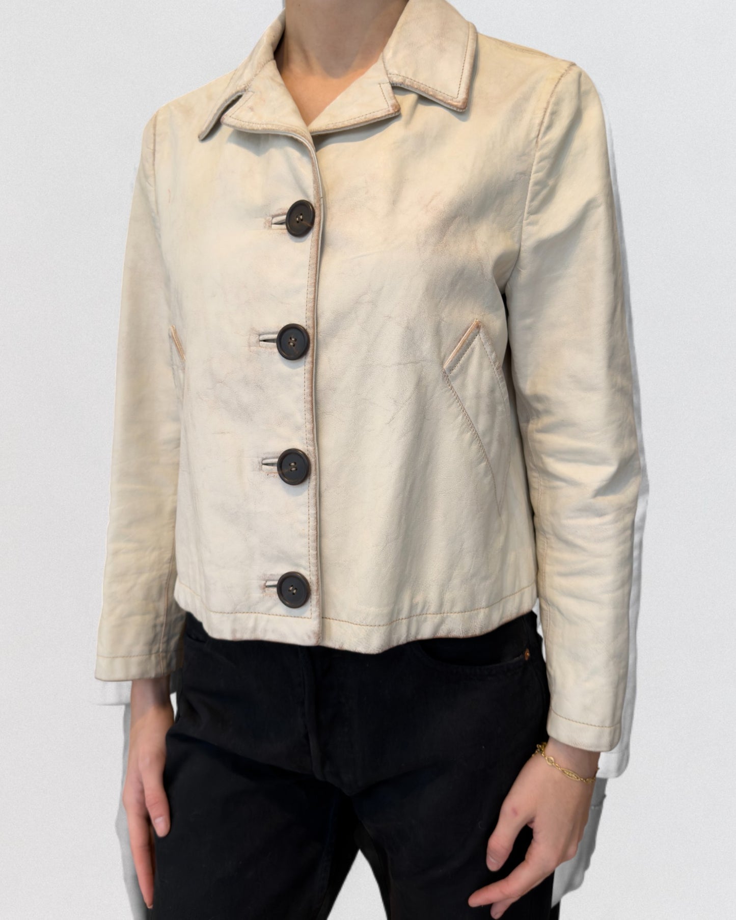 Prada Fall 2013 Cropped Distressed White Leather Jacket