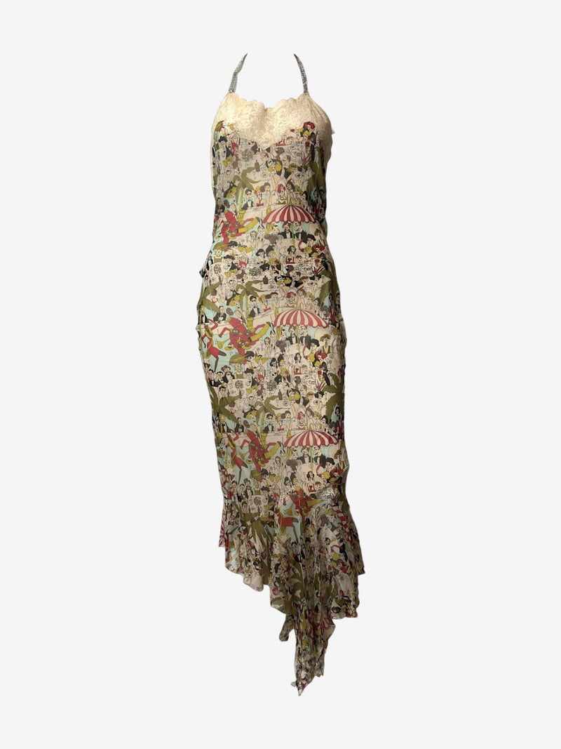 Asymmetric silk dress by John Galliano, cartoon cafe scene print with halter neckline