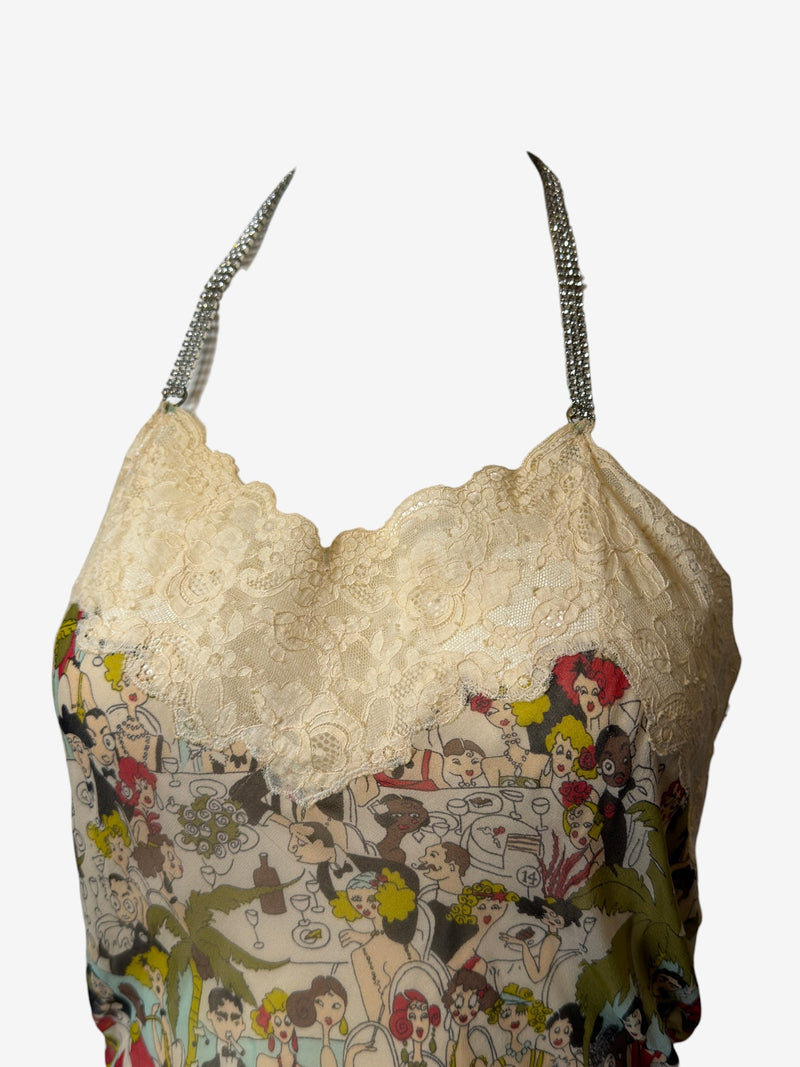 Lace-trimmed camisole by John Galliano, scalloped edges with cafe print