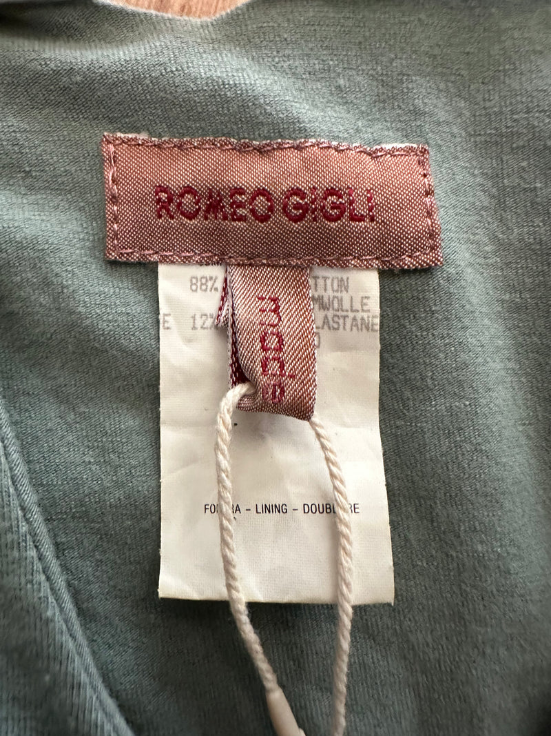 Romeo Gigli interior label on sage green wrap tank top
