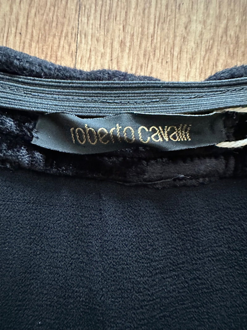 Black wool flare skirt by Roberto Cavalli, F/W 2005, flat lay showing waistband frayed seam details