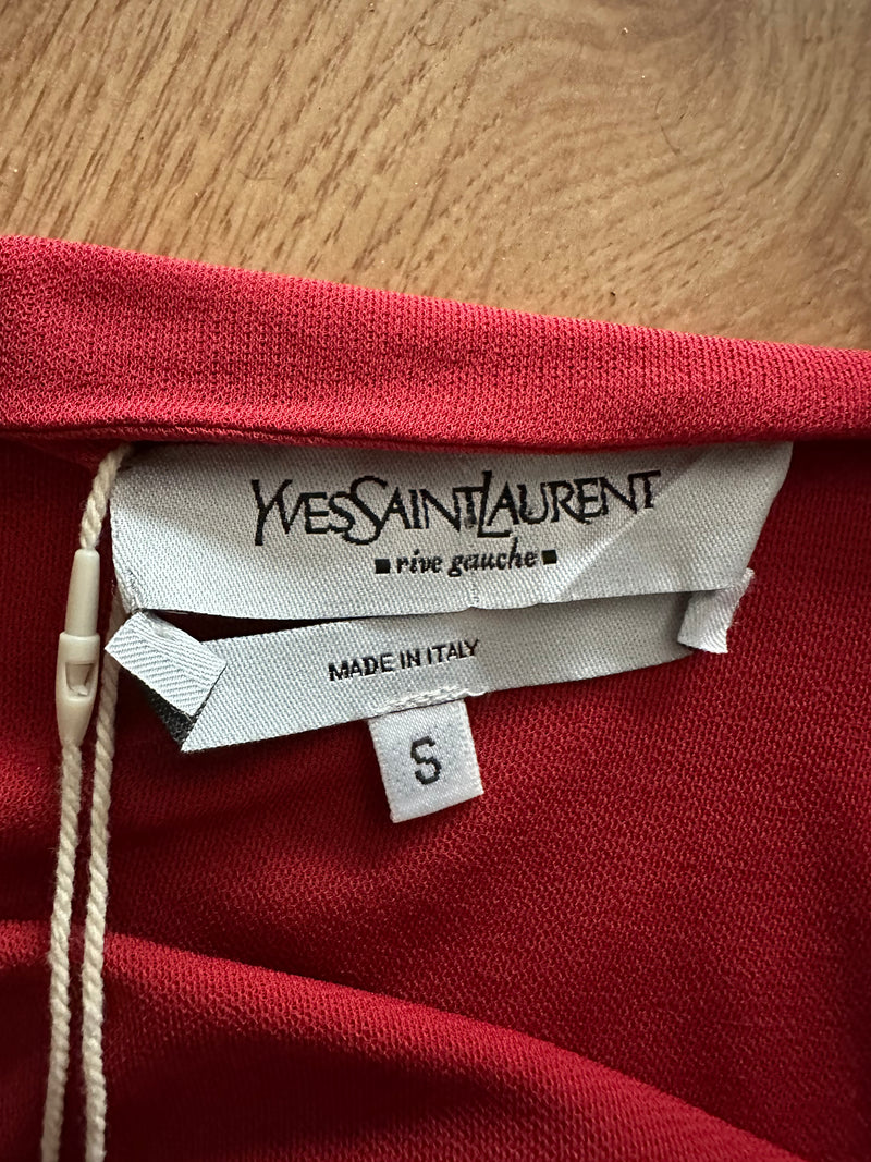 Red jersey wrap skirt by YSL Tom Ford, waist tie closure and asymmetrical ruffle panel