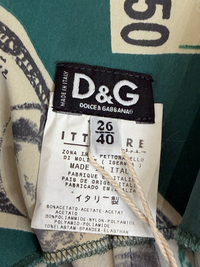 Hem detail of Dolce & Gabbana dollar print jersey dress, midi length straight hem