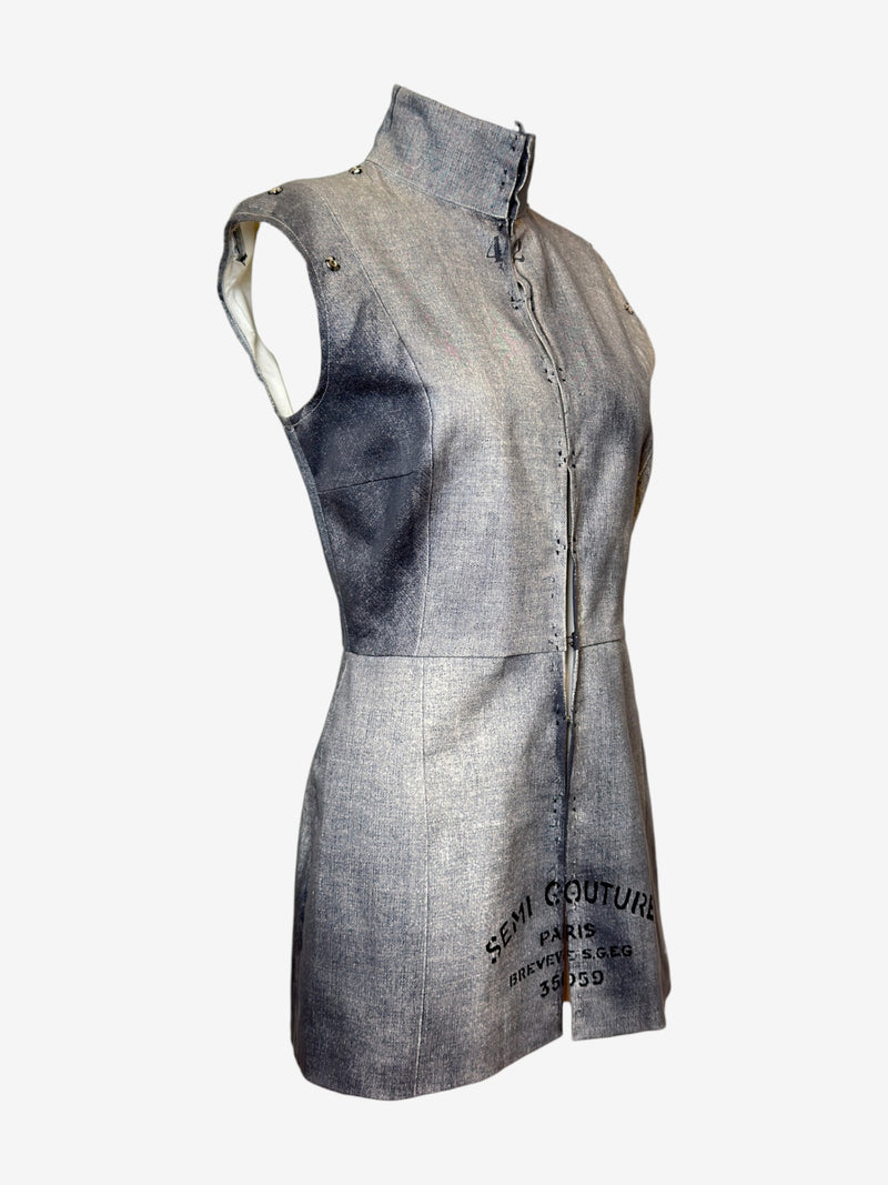 Grey cotton vest by Margiela, front view showing central zip closure and decorative topstitching details