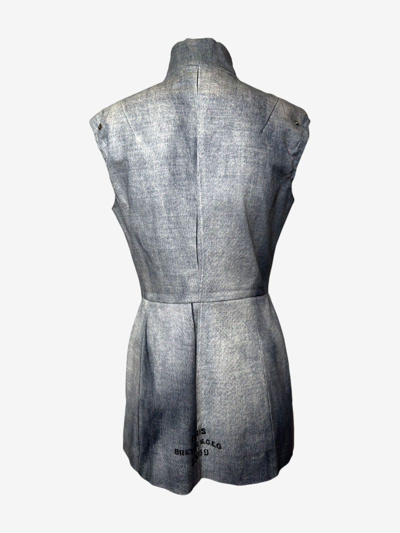Grey cotton denim vest, detail of printed text referencing vintage French dressmaking standards