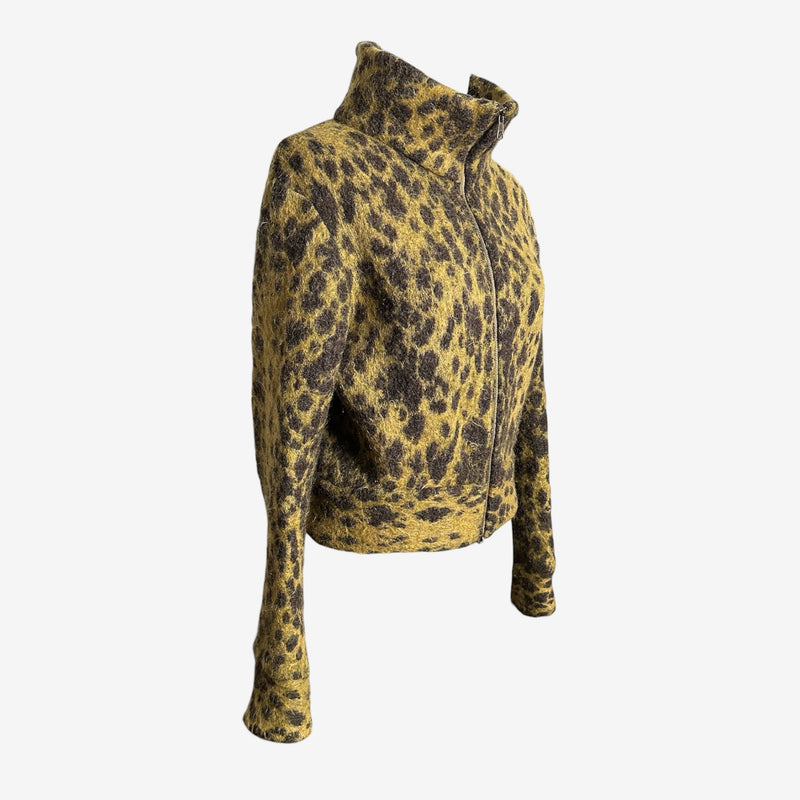 Roberto Cavalli leopard mohair cardigan, detail of full-zip front closure and fitted sleeves