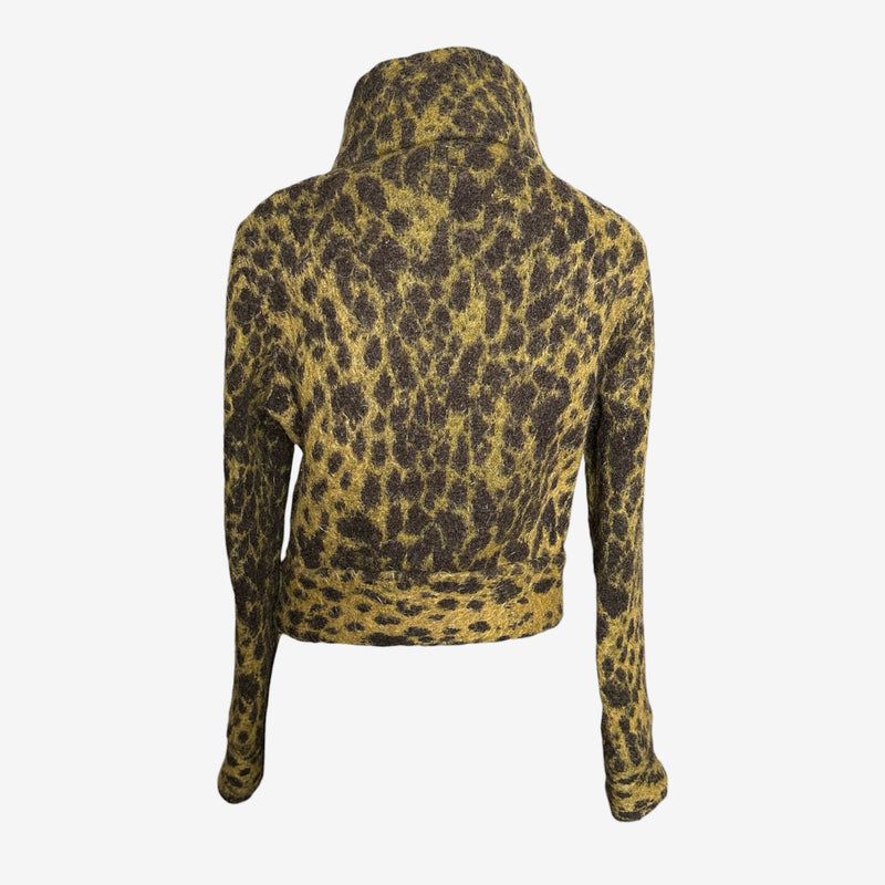 Brown and golden leopard print mohair cardigan by Roberto Cavalli, side view showing cropped length