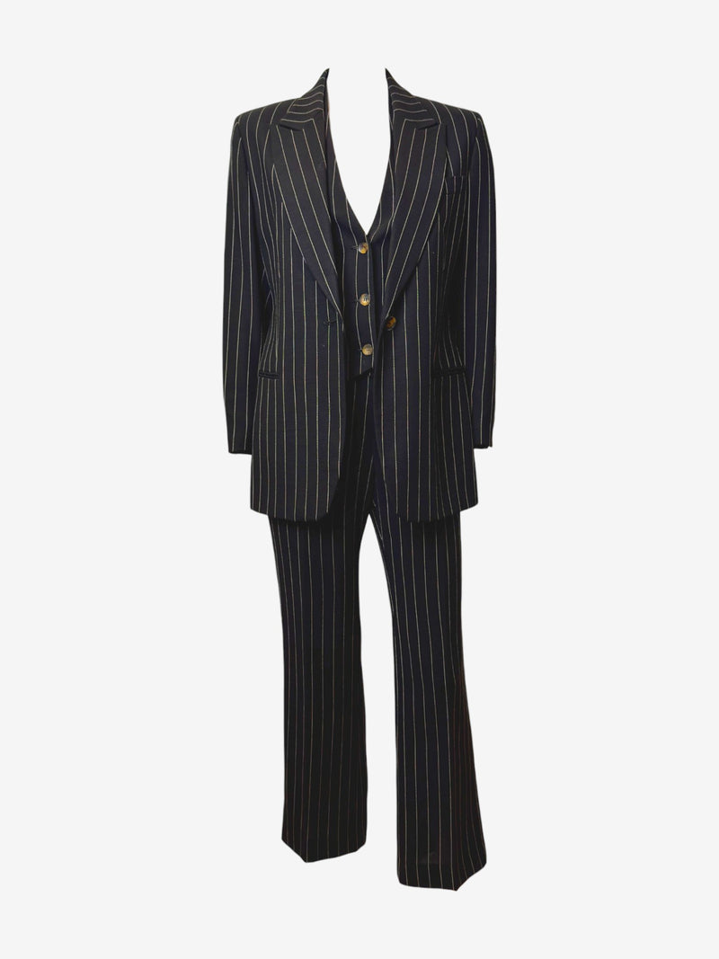 Navy pinstripe wool suit by Gucci, Tom Ford era, full three-piece ensemble on dress form