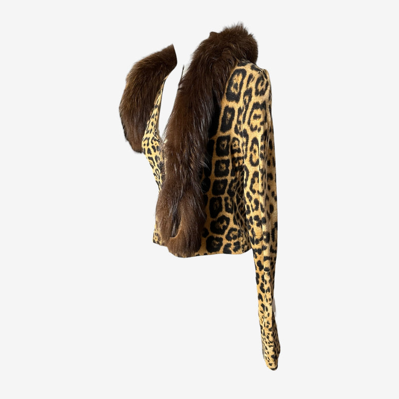 Cropped leopard print cardigan by Roberto Cavalli, side view with voluminous fur collar