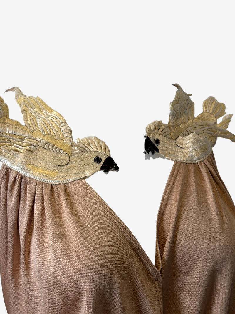Taupe silk jersey wrap dress by Chloé, A-line skirt and adjustable straps, back view