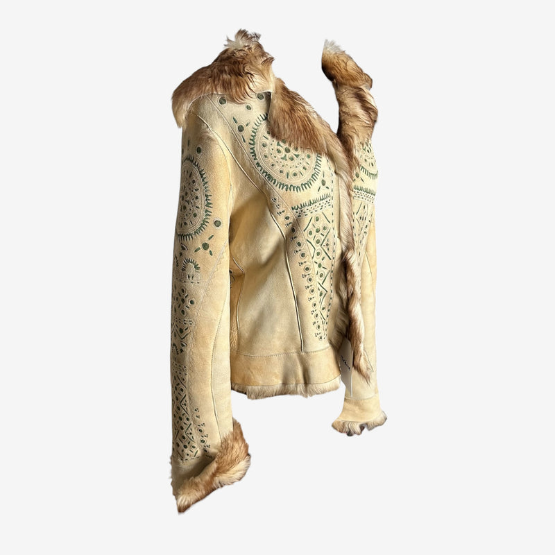 Cream shearling jacket by Roberto Cavalli, back view with laser-cut medallion motifs