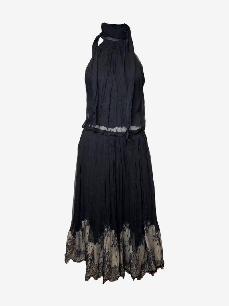Black silk chiffon halter top by Alexander McQueen, draped neckline detail