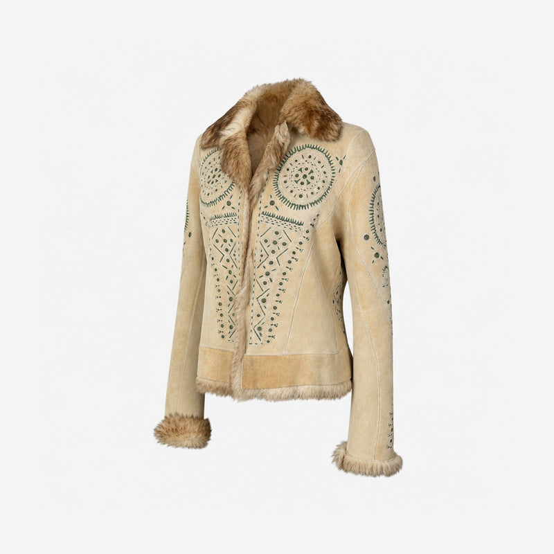 Cream shearling jacket by Roberto Cavalli, side profile showing fitted silhouette
