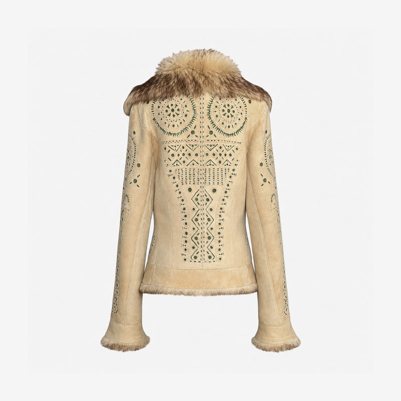 Cream shearling jacket by Roberto Cavalli, detail of fur trim at collar and cuffs
