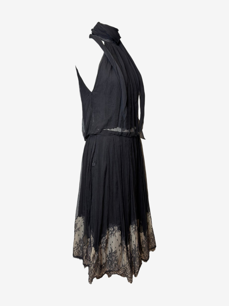 Black silk chiffon halter top, side view with raw edge construction