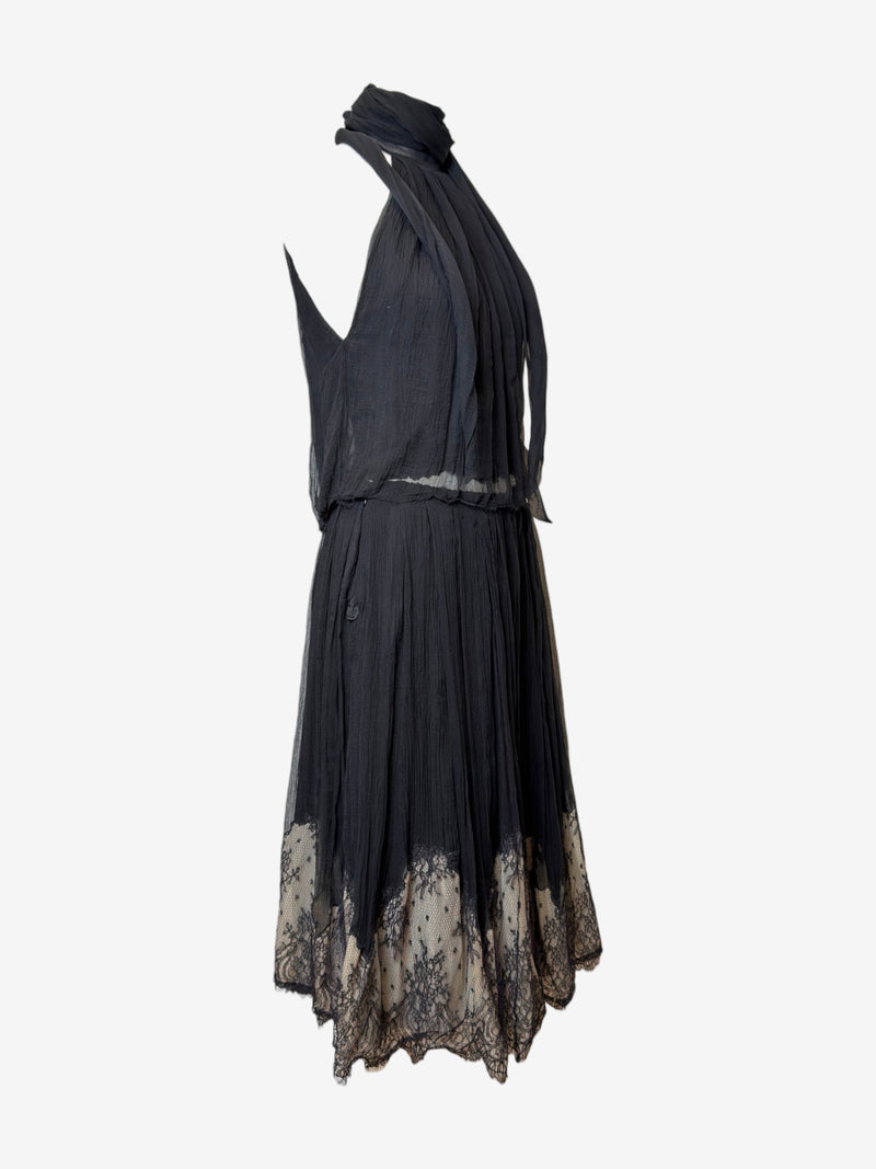 Black silk chiffon halter top, back view showing tie closure