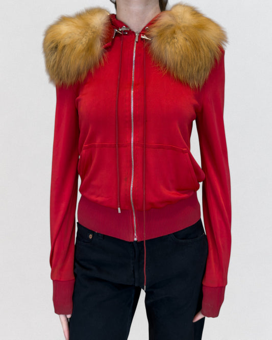 Christian Dior by John Galliano Fall 2003 Silk Red Hoodie with Fox Fur Trim