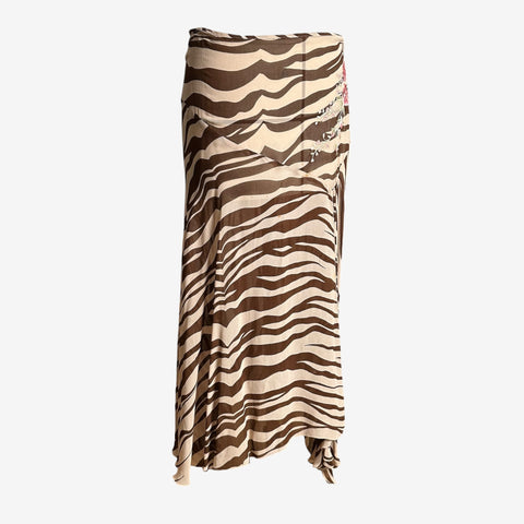 Blumarine SS2000 Zebra Print Silk Wrap Skirt with Floral Embroidery