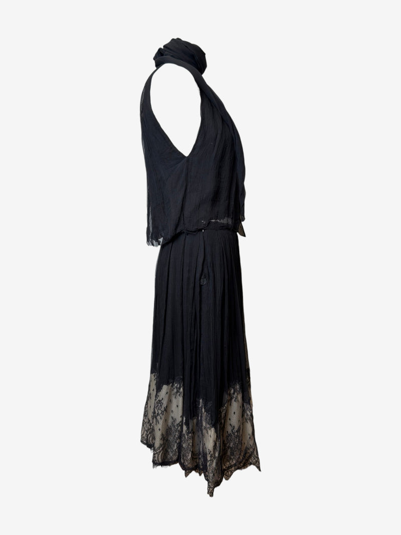 Black silk chiffon halter top detail, neckline and draped construction