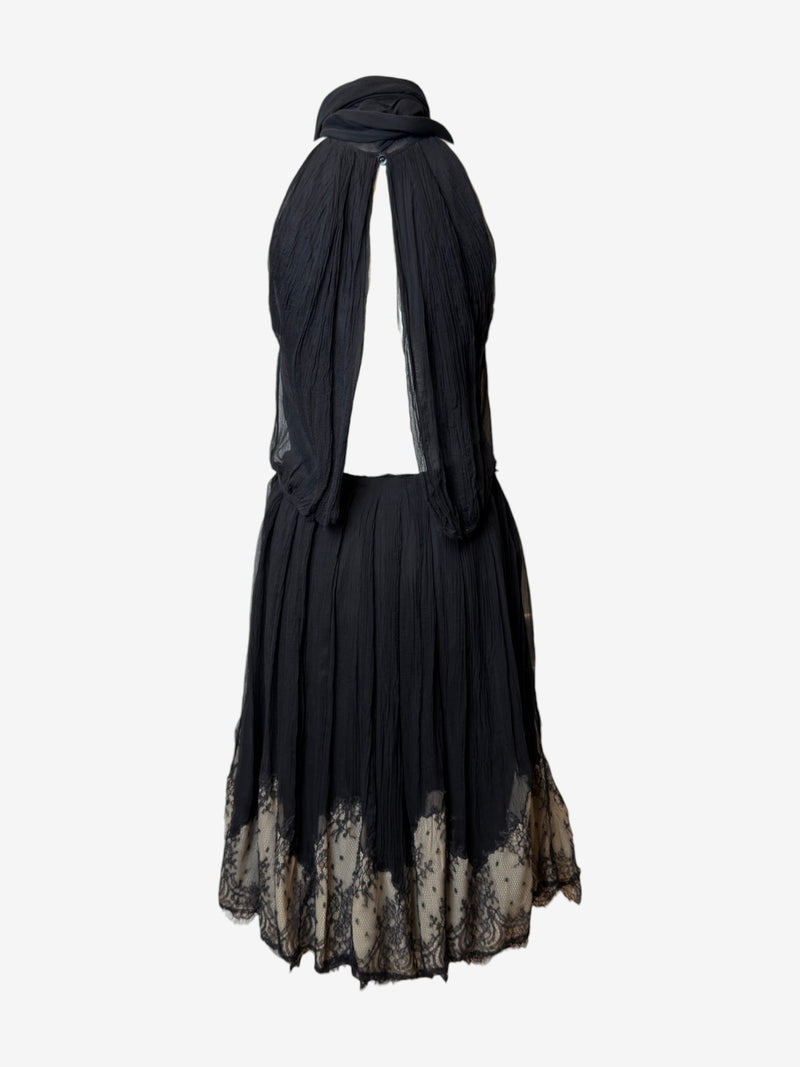 Black silk chiffon halter top, front detail with lace trim