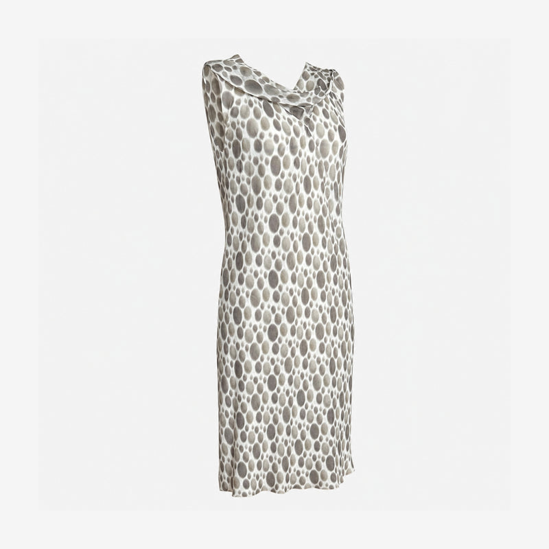 Cream and taupe printed silk dress by Rick Owens, back view showing sculptural shoulder draping