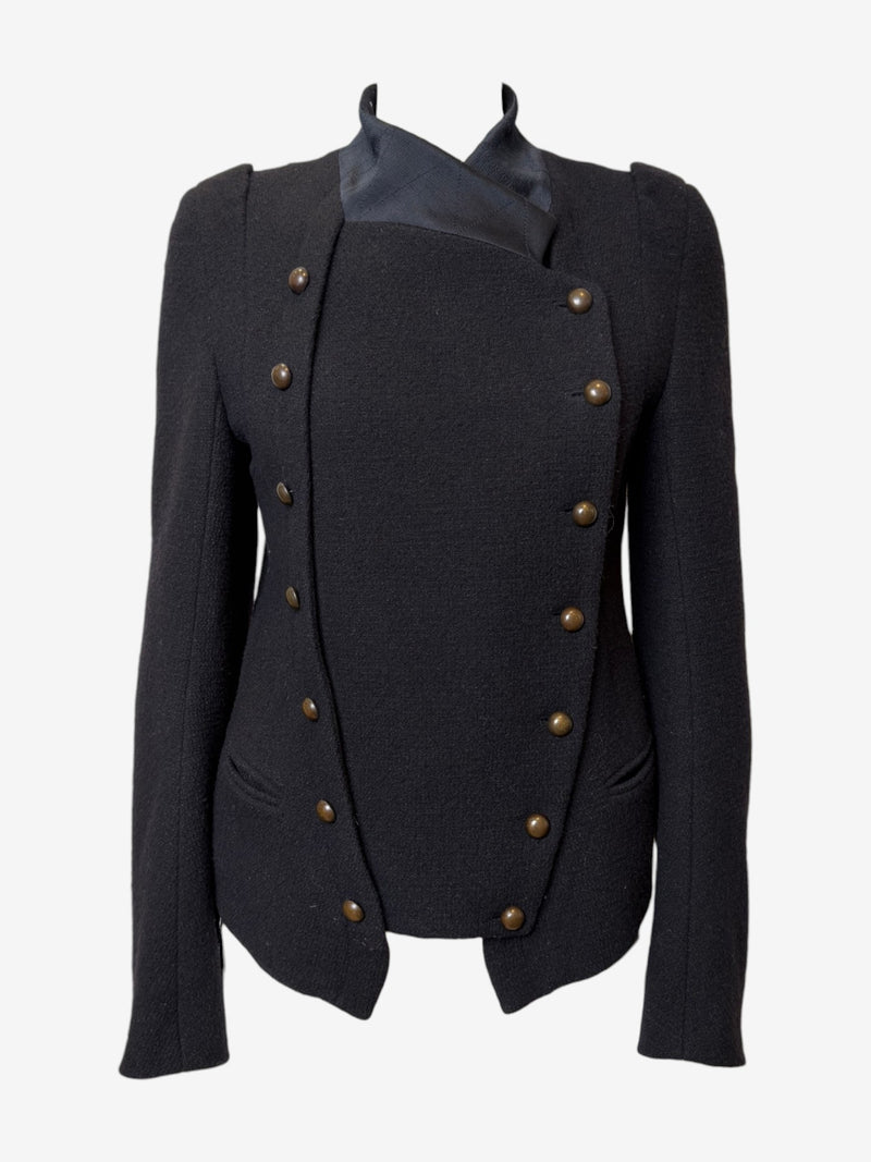 Charcoal grey wool Napoleon jacket by Ann Demeulemeester, front view with asymmetrical double-breasted closure