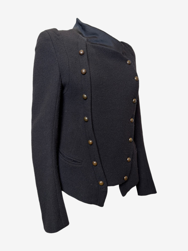 Ann Demeulemeester Napoleon jacket detail, antique brass buttons on front closure
