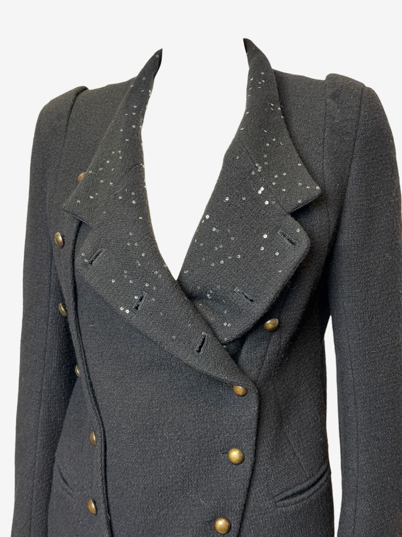 Charcoal grey wool Napoleon jacket by Ann Demeulemeester, sleeve detail with antique brass buttons
