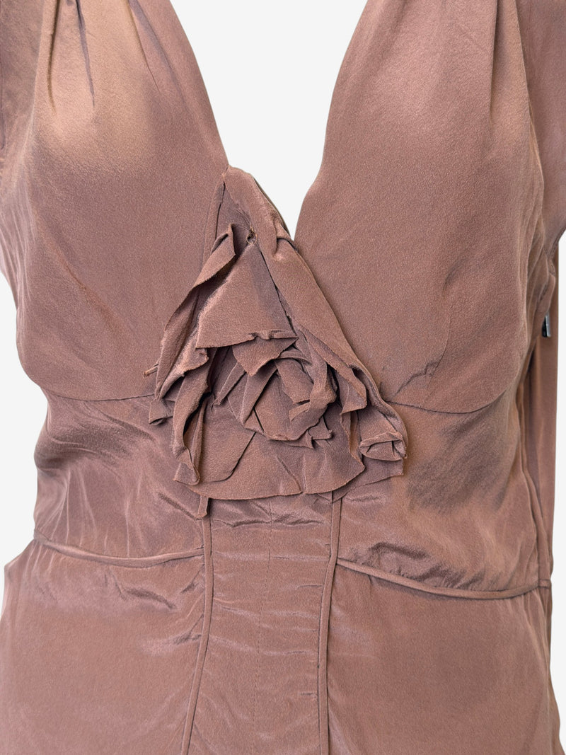 Back view of brown silk top showing covered button closure along center seam, Tom Ford for YSL