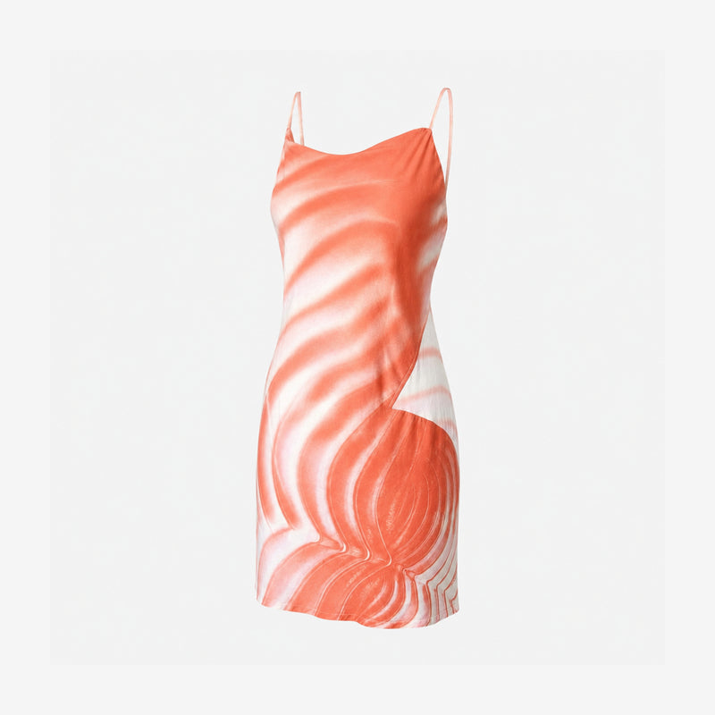 Coral and white psychedelic print silk slip dress by Roberto Cavalli, detail view