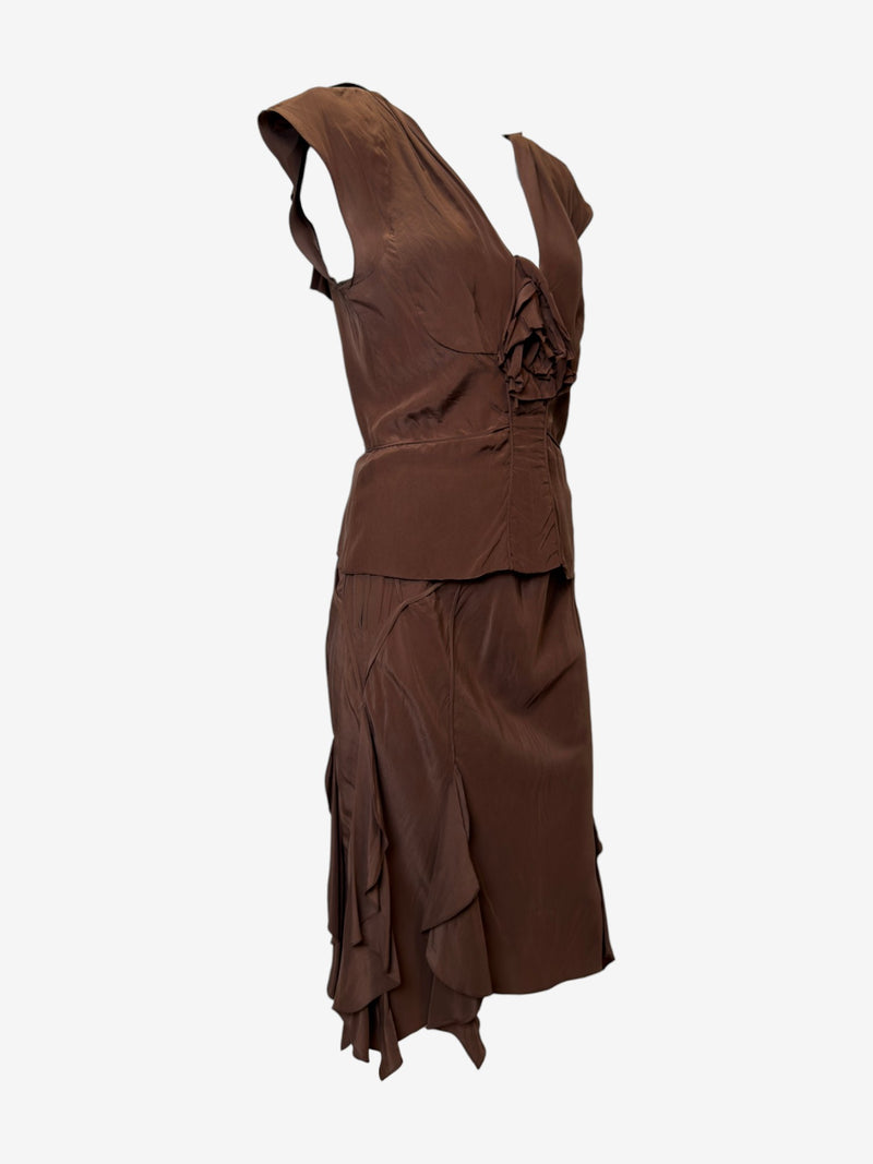 Full length view of brown silk two-piece ensemble with fitted top and tiered skirt