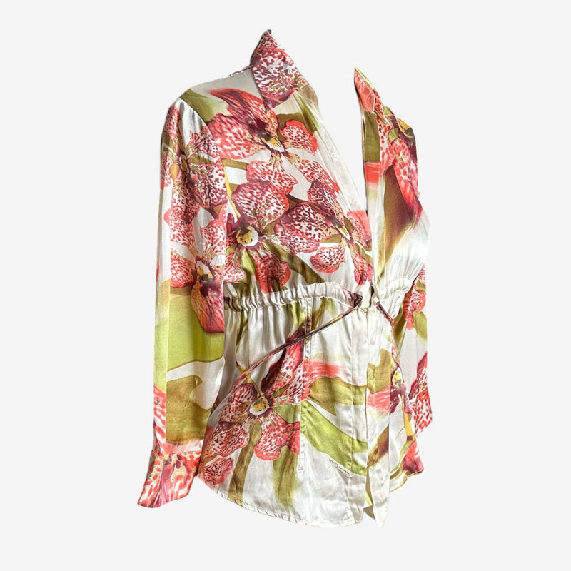 Close-up of photographic orchid motif on cream silk, Roberto Cavalli S/S 2004