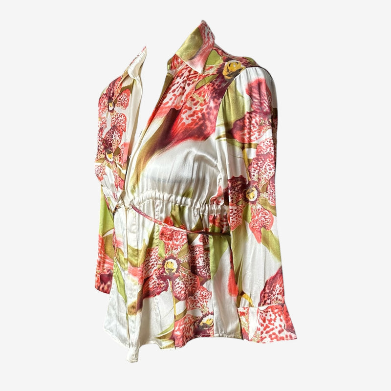 Roberto Cavalli orchid print blouse, side view showing drawstring waist and adjustable belt