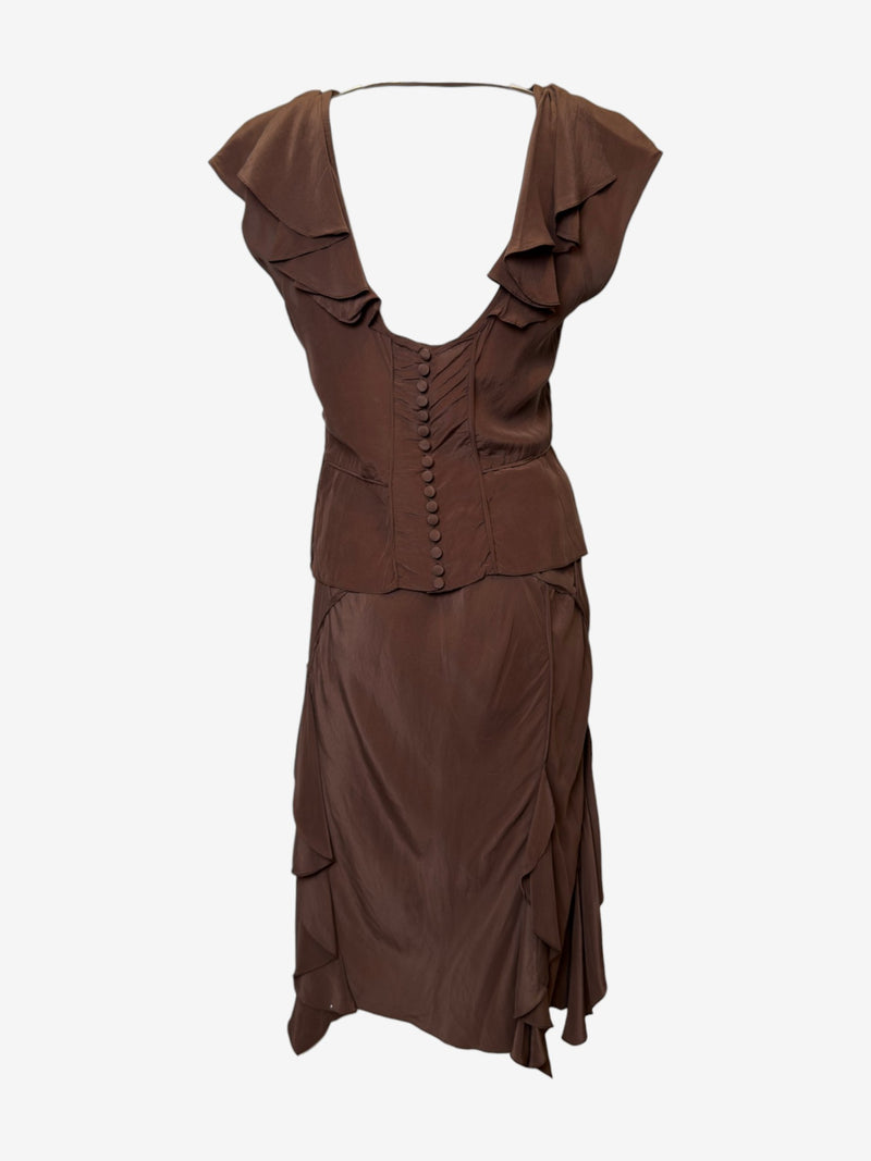 Back view of complete ensemble showing top closure and skirt cascade detail