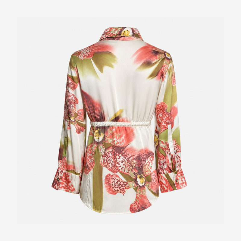 Roberto Cavalli silk blouse detail, golden metal button and pointed collar