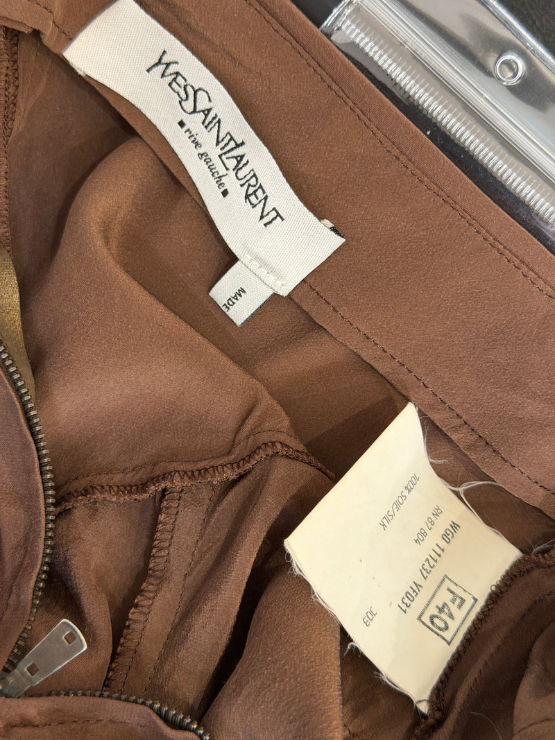 Fabric detail of brown silk crepe with sculptural rose at chest, Tom Ford YSL