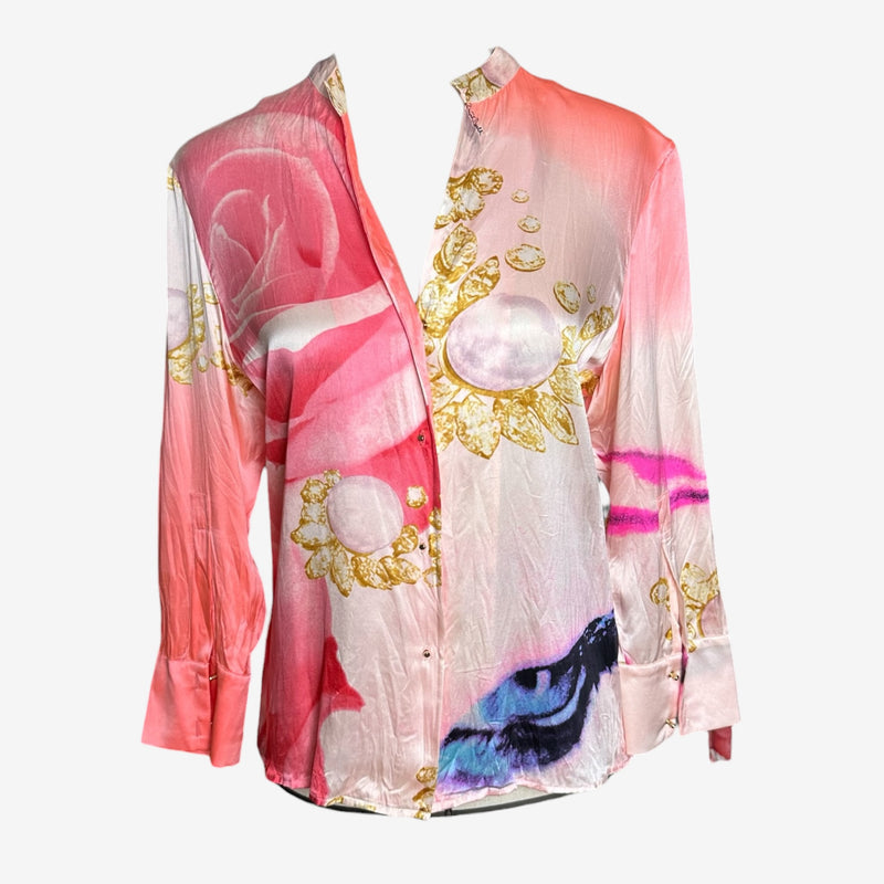 Cream silk blouse by Roberto Cavalli, oversized photographic eye print with baroque gold medallions and pink roses