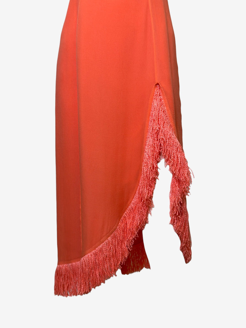 Coral silk slip dress by Thierry Mugler, side detail showing raffia fringe along seam
