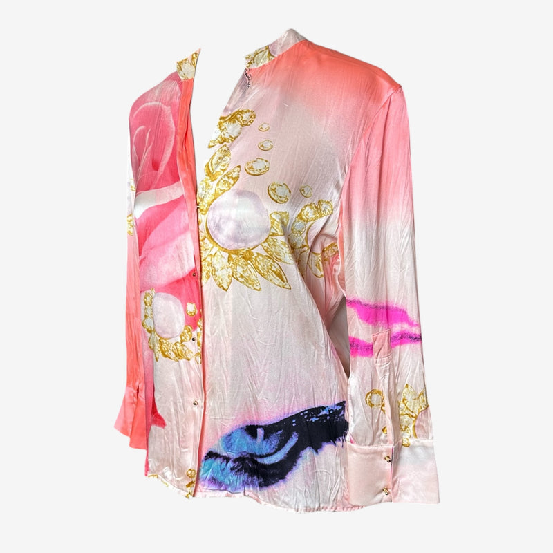 Roberto Cavalli silk blouse front view, mandarin collar with hook-and-eye closure, Liz Taylor eye print in coral and magenta