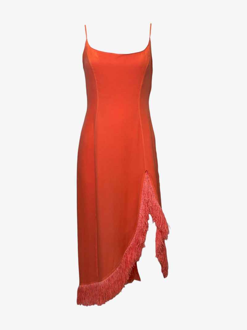 Coral silk slip dress by Thierry Mugler, back view with center zip closure