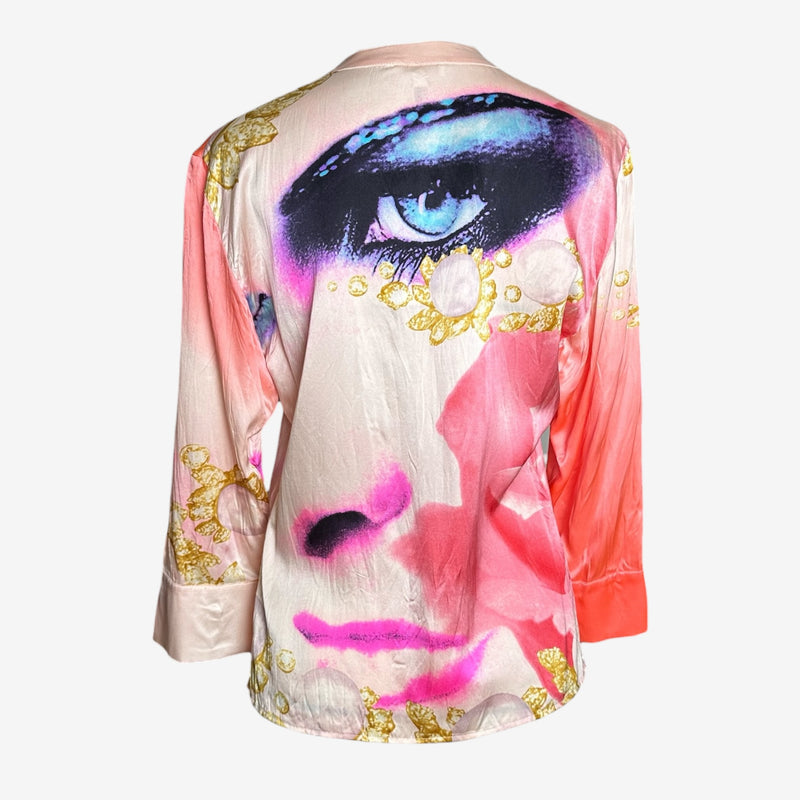 Roberto Cavalli silk blouse full-length view, Liz Taylor eye print throughout, button cuffs on sleeves