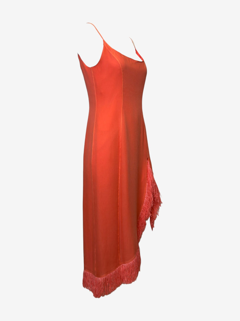 Coral silk slip dress by Thierry Mugler, hem detail with hand-applied raffia fringe